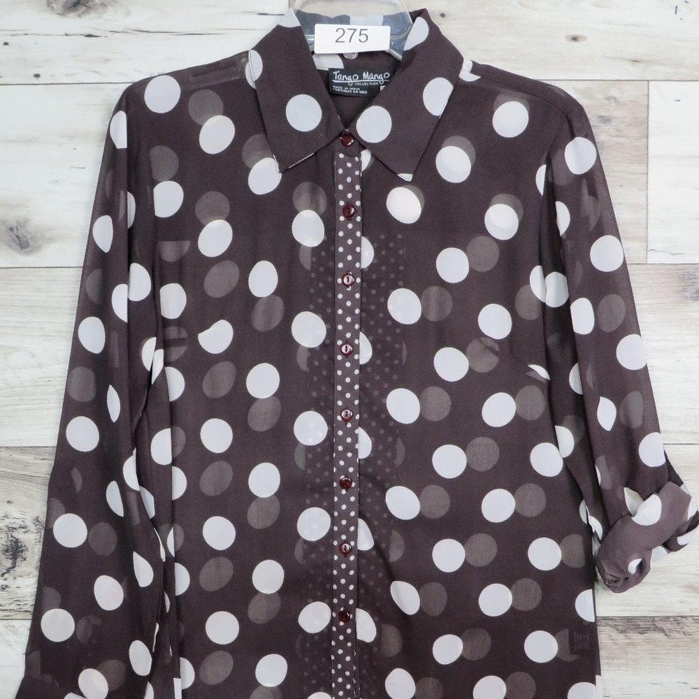 Tango Mango* Women's Long Sleeve Button‎ Down Sheer Polka Dot Blouse~ Small